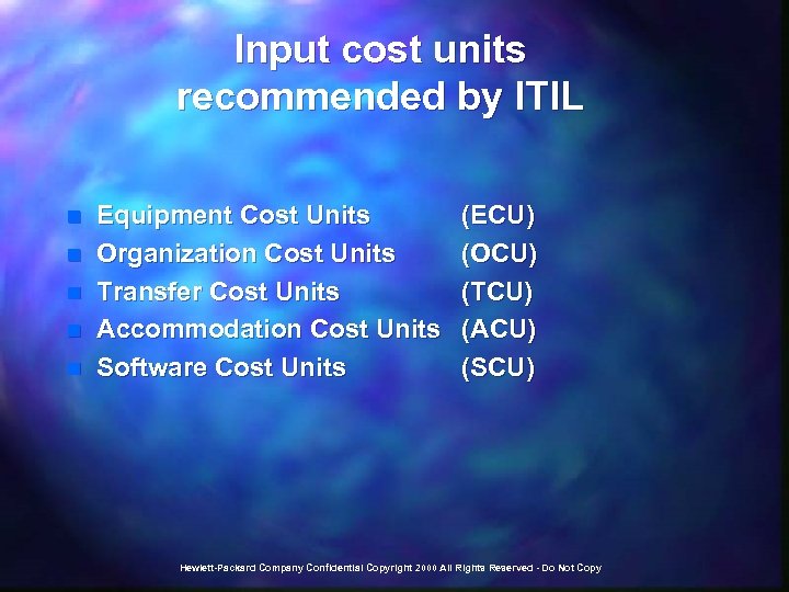 Input cost units recommended by ITIL n n n Equipment Cost Units Organization Cost