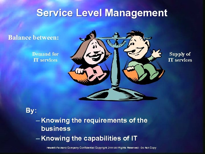 Service Level Management Balance between: Demand for IT services By: – Knowing the requirements