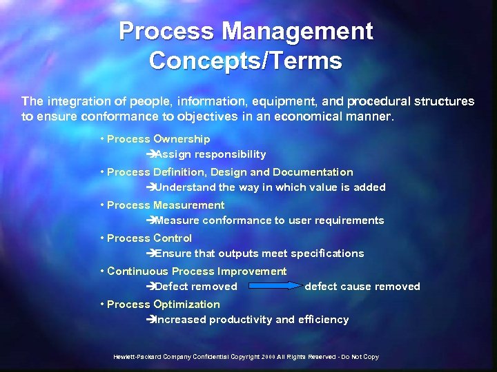 Process Management Concepts/Terms The integration of people, information, equipment, and procedural structures to ensure