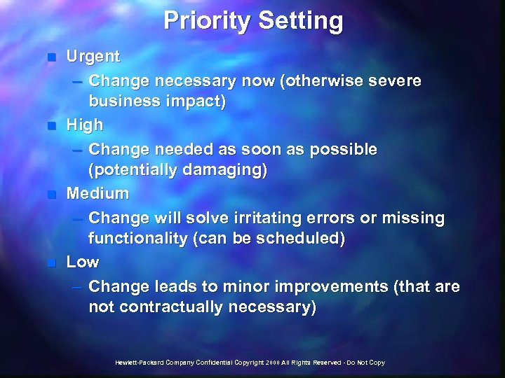 Priority Setting n n Urgent – Change necessary now (otherwise severe business impact) High