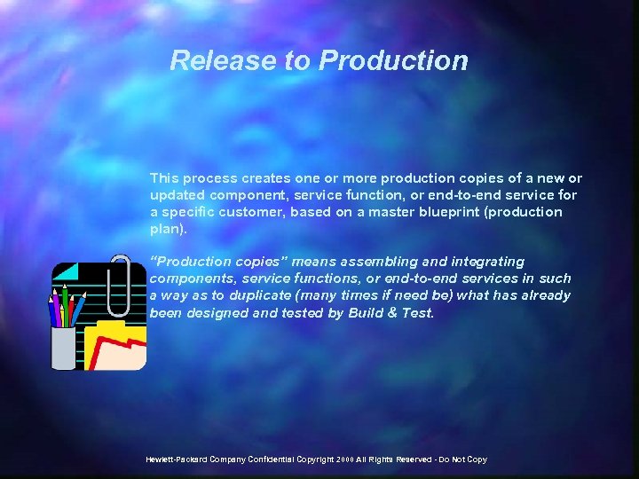 Release to Production This process creates one or more production copies of a new