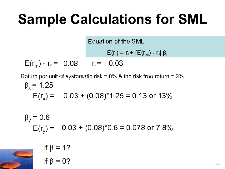 Sample Calculations for SML Equation of the SML E(ri) = rf + [E(r. M)