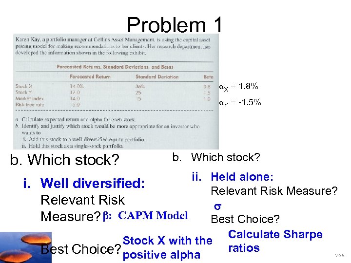 Problem 1 X = 1. 8% Y = -1. 5% b. Which stock? ii.