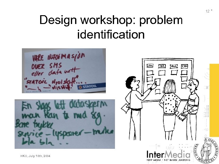 Design workshop: problem identification HKU, July 10 th, 2004 12 * 