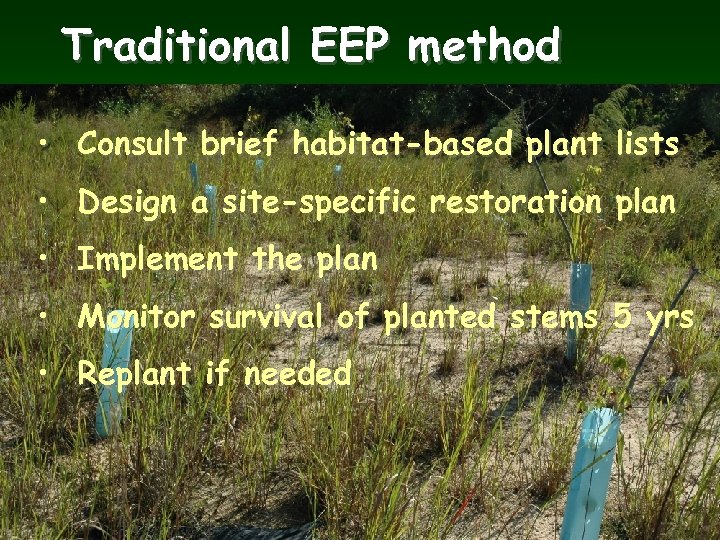 Traditional EEP method • Consult brief habitat-based plant lists • Design a site-specific restoration