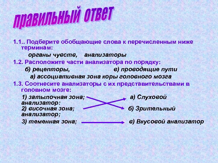 1. 1. . Подберите обобщающие слова к перечисленным ниже терминам: органы чувств, анализаторы 1.