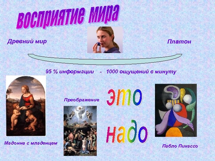 Древний мир Платон 95 % информации - 1000 ощущений в минуту Преображение Мадонна с