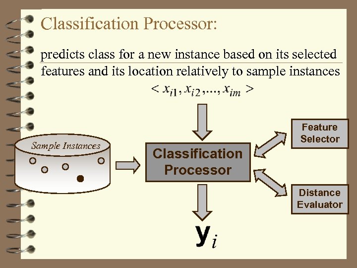 Classification Processor: predicts class for a new instance based on its selected features and