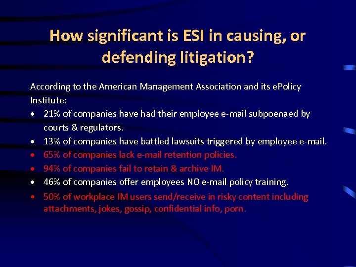 How significant is ESI in causing, or defending litigation? According to the American Management