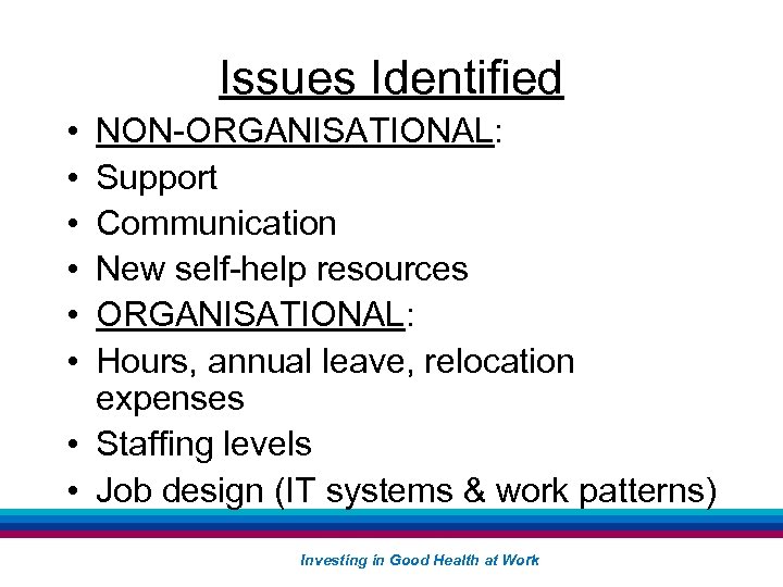 Issues Identified • • • NON-ORGANISATIONAL: Support Communication New self-help resources ORGANISATIONAL: Hours, annual