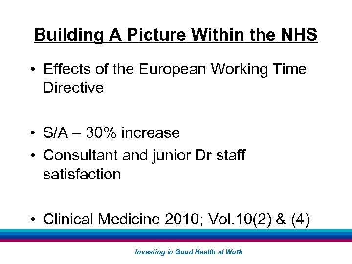 Building A Picture Within the NHS • Effects of the European Working Time Directive