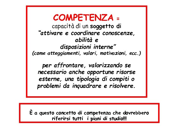 COMPETENZA = capacità di un soggetto di “attivare e coordinare conoscenze, abilità e disposizioni