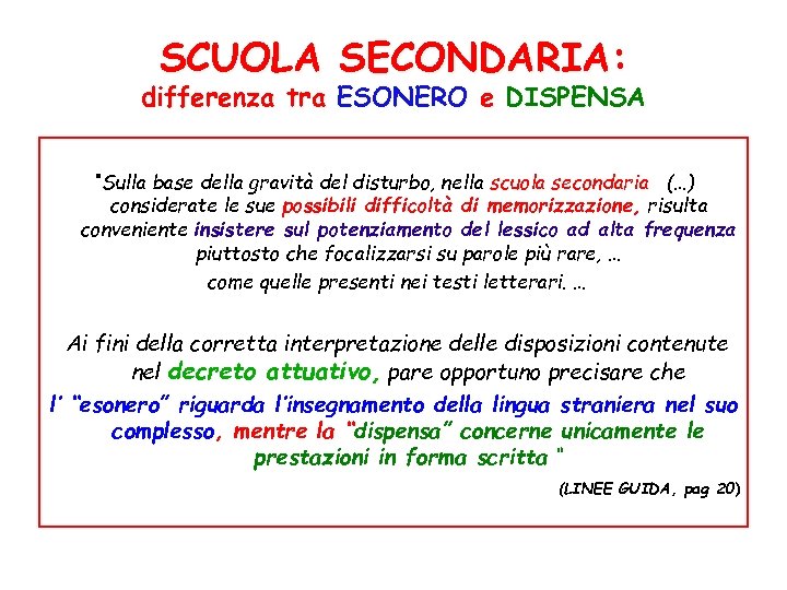 SCUOLA SECONDARIA: differenza tra ESONERO e DISPENSA “Sulla base della gravità del disturbo, nella