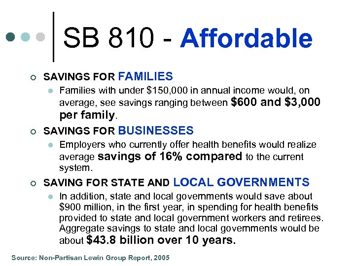 SB 810 - Affordable ¢ ¢ ¢ SAVINGS FOR FAMILIES l Families with under