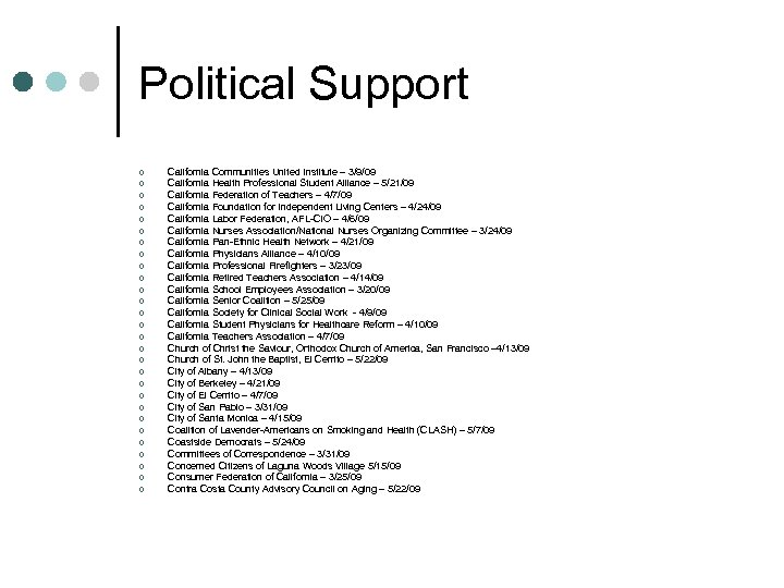 Political Support ¢ ¢ ¢ ¢ ¢ ¢ ¢ California Communities United Institute –
