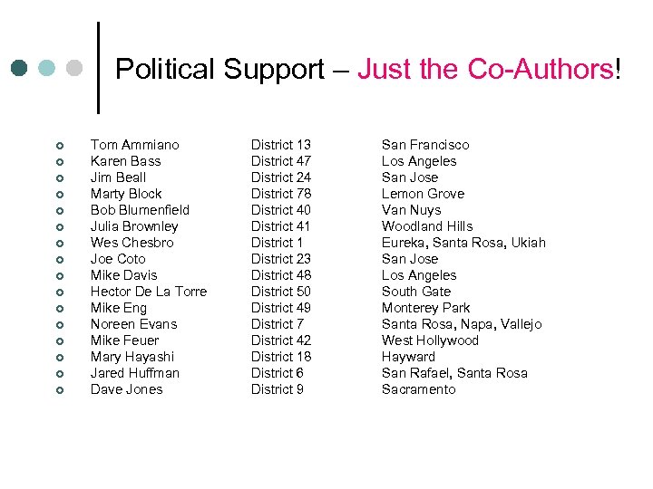 Political Support – Just the Co-Authors! ¢ ¢ ¢ ¢ Tom Ammiano Karen Bass