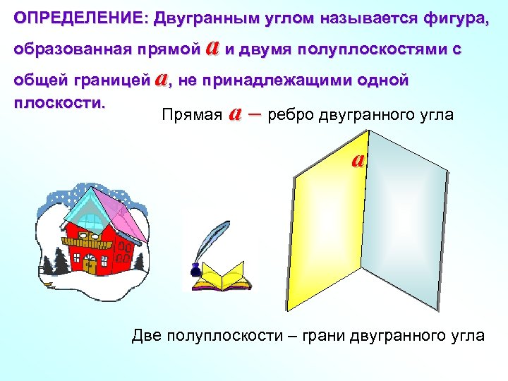 ОПРЕДЕЛЕНИЕ: Двугранным углом называется фигура, образованная прямой a и двумя полуплоскостями с общей границей