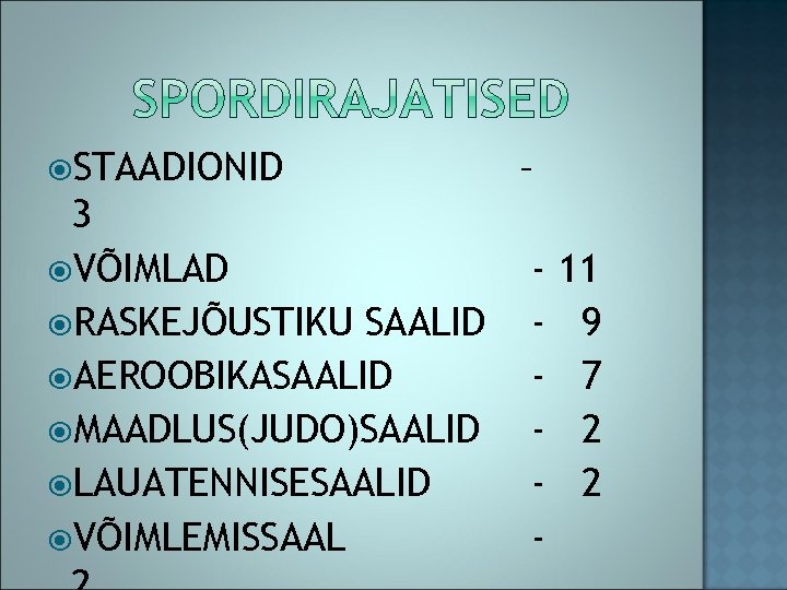  STAADIONID 3 VÕIMLAD RASKEJÕUSTIKU SAALID AEROOBIKASAALID MAADLUS(JUDO)SAALID LAUATENNISESAALID VÕIMLEMISSAAL – - 11 9