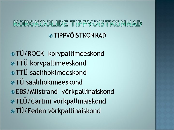  TIPPVÕISTKONNAD TÜ/ROCK korvpallimeeskond TTÜ saalihokimeeskond EBS/Milstrand võrkpallinaiskond TLÜ/Cartini võrkpallinaiskond TÜ/Eeden võrkpallinaiskond 