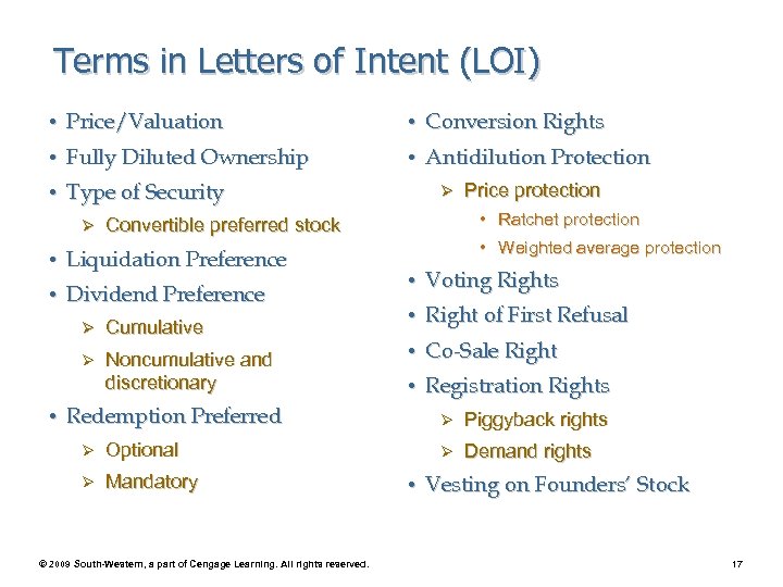 Terms in Letters of Intent (LOI) • Price/Valuation • Conversion Rights • Fully Diluted