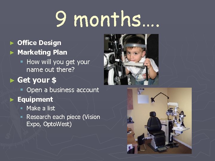 9 months…. Office Design ► Marketing Plan § How will you get your name