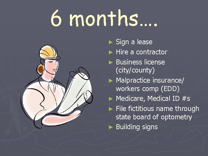 6 months…. Sign a lease ► Hire a contractor ► Business license (city/county) ►