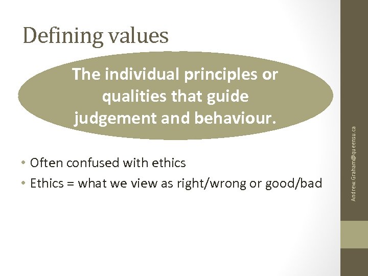 The individual principles or qualities that guide judgement and behaviour. • Often confused with