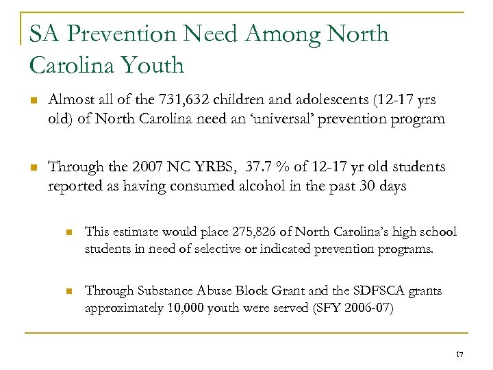 SA Prevention Need Among North Carolina Youth n Almost all of the 731, 632