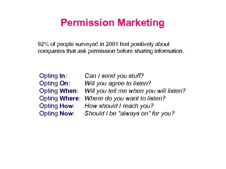 Permission Marketing 92% of people surveyed in 2001 feel positively about companies that ask