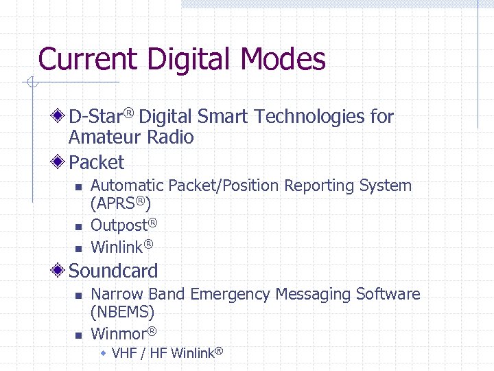 Current Digital Modes D-Star® Digital Smart Technologies for Amateur Radio Packet n n n