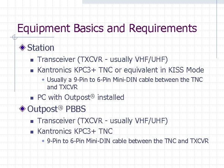 Equipment Basics and Requirements Station n n Transceiver (TXCVR - usually VHF/UHF) Kantronics KPC