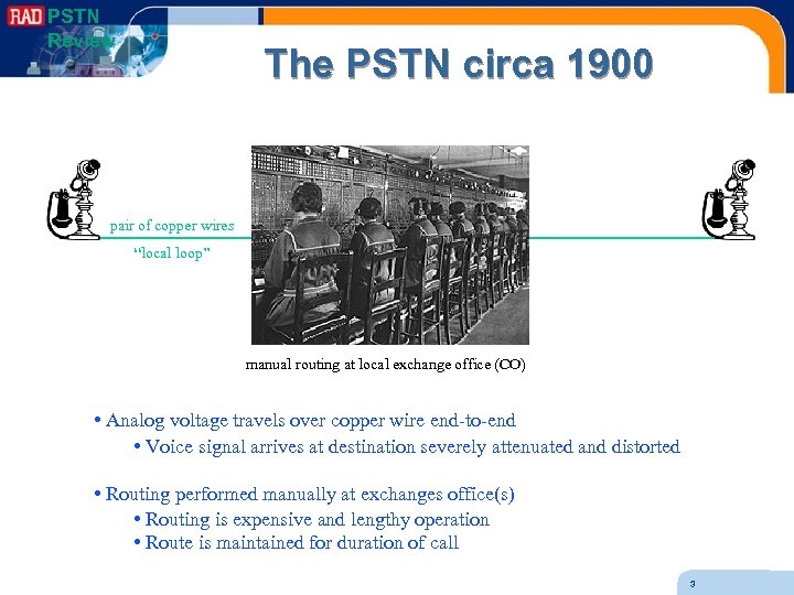 PSTN Review The PSTN circa 1900 pair of copper wires “local loop” manual routing