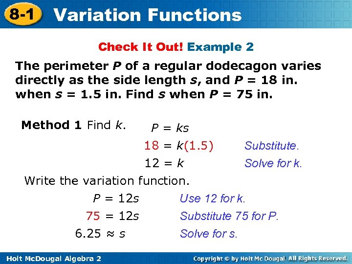 8 -1 Variation Functions Check It Out! Example 2 The perimeter P of a