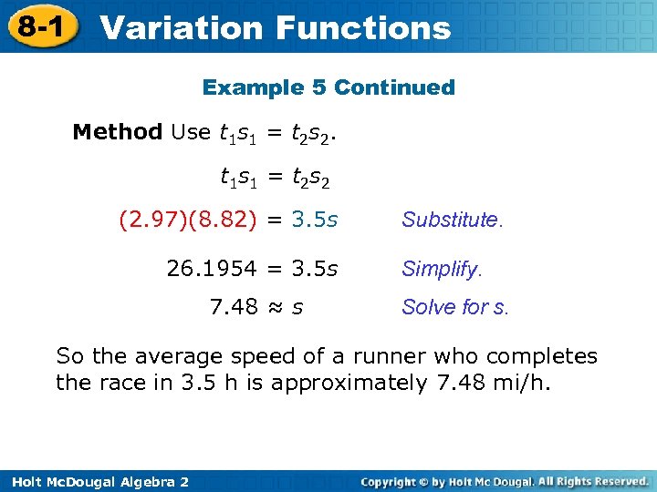 8 -1 Variation Functions Example 5 Continued Method Use t 1 s 1 =