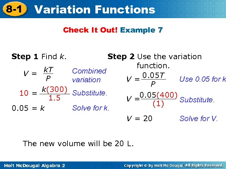 8 -1 Variation Functions Check It Out! Example 7 Step 1 Find k. Step