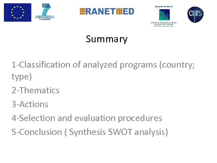 Summary 1 -Classification of analyzed programs (country; type) 2 -Thematics 3 -Actions 4 -Selection