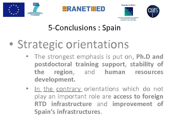  5 -Conclusions : Spain • Strategic orientations • The strongest emphasis is put