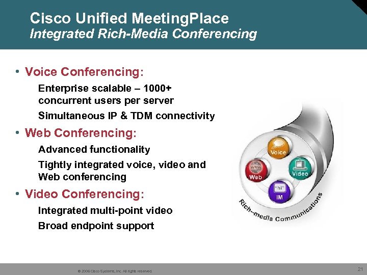 Cisco Unified Meeting. Place Integrated Rich-Media Conferencing • Voice Conferencing: Enterprise scalable – 1000+