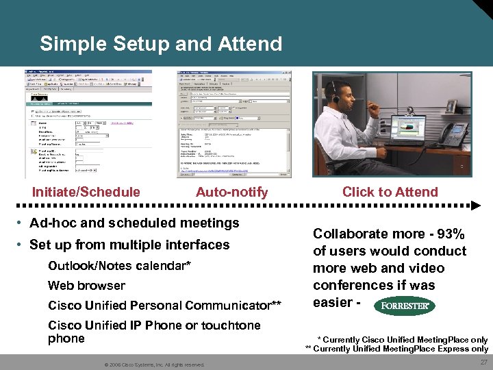 Simple Setup and Attend Initiate/Schedule Auto-notify • Ad-hoc and scheduled meetings • Set up