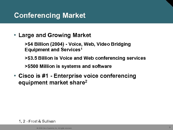 Conferencing Market • Large and Growing Market >$4 Billion (2004) - Voice, Web, Video