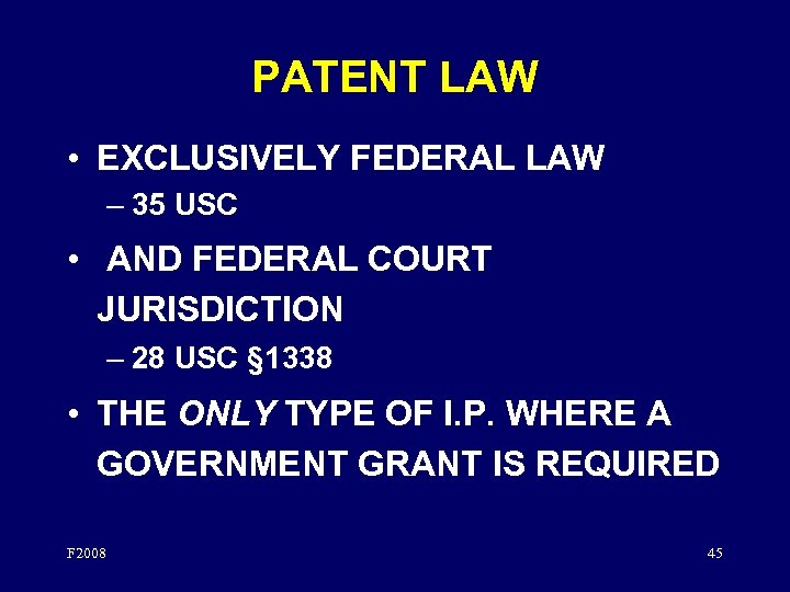 PATENT LAW • EXCLUSIVELY FEDERAL LAW – 35 USC • AND FEDERAL COURT JURISDICTION