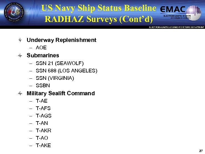 US Navy Ship Status Baseline RADHAZ Surveys (Cont’d) ELECTROMAGNETIC & SENSOR SYSTEMS DEPARTMENT Underway