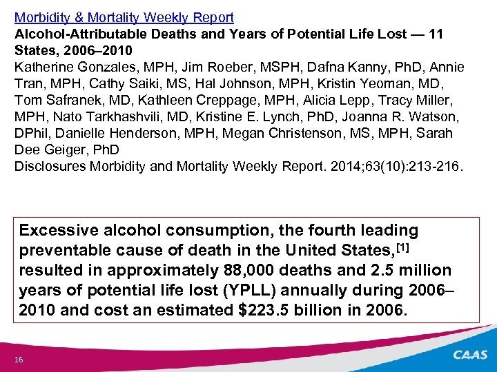 Morbidity & Mortality Weekly Report Alcohol-Attributable Deaths and Years of Potential Life Lost —