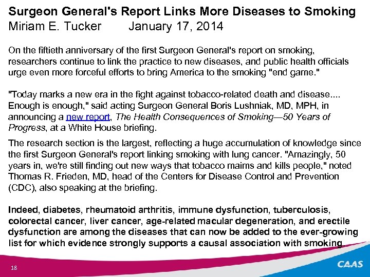 Surgeon General's Report Links More Diseases to Smoking Miriam E. Tucker January 17, 2014