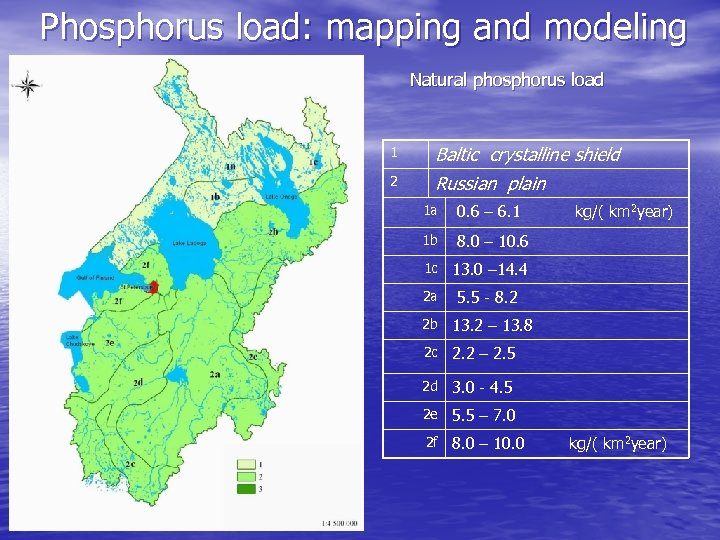 Phosphorus load: mapping and modeling Natural phosphorus load 1 Baltic crystalline shield 2 Russian