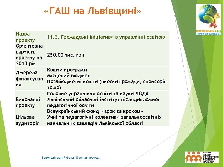  «ГАШ на Львівщині» Назва 11. 3. Громадські ініціативи в управлінні освітою проекту Орієнтовна