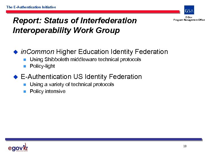 The E-Authentication Initiative Report: Status of Interfederation Interoperability Work Group u in. Common Higher