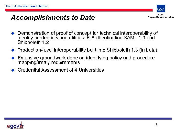 The E-Authentication Initiative Accomplishments to Date E-Gov Program Management Office u Demonstration of proof