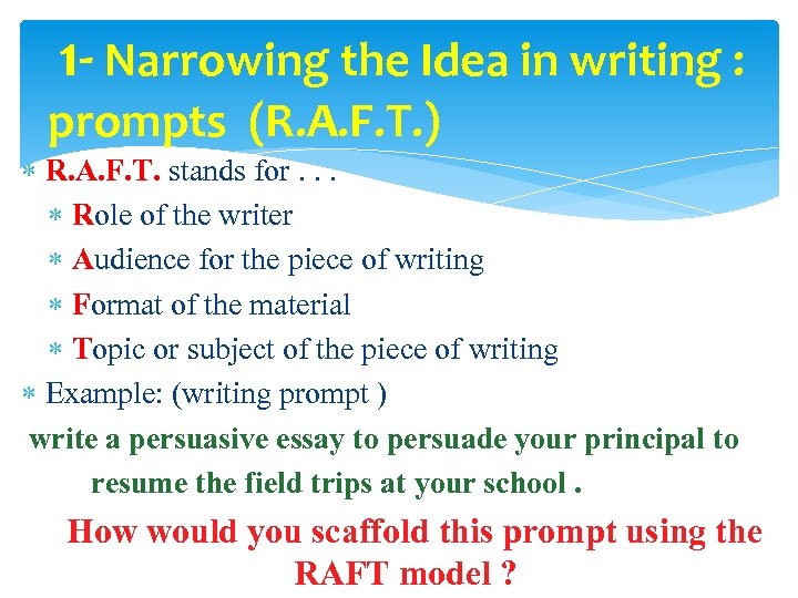 1 - Narrowing the Idea in writing : prompts (R. A. F. T. )