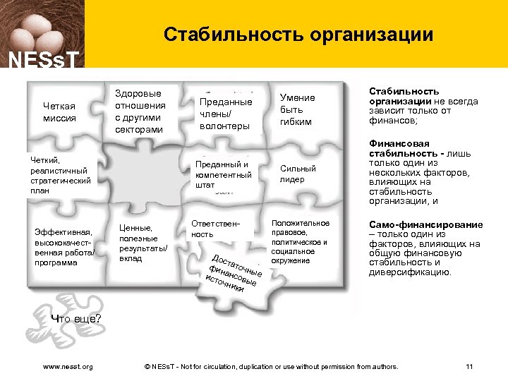 Стабильность организации NESs. T Четкая миссия Здоровые отношения с другими секторами Четкий, реалистичный стратегический